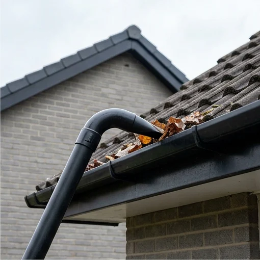 Illustrative vacuum clearing leaves from a separate grey brick home’s gutter