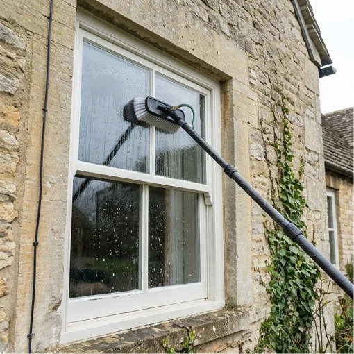 Illustrative water-fed brush washing a sash window on a pale stone cottage