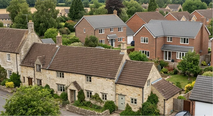 Illustrative inland residential setting with traditional stone cottages, later brick homes and varied tiled rooflines