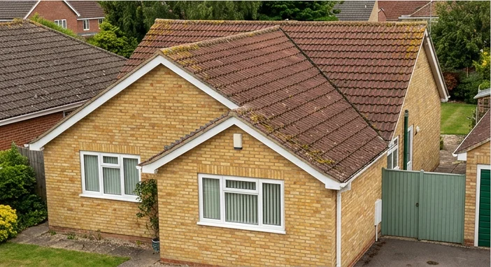 Illustrative yellow brick bungalow with a green side gate and moss on reddish-brown concrete tiles