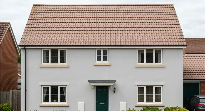 Different illustrative light grey home with a dark green door and faded pink mineral tiles