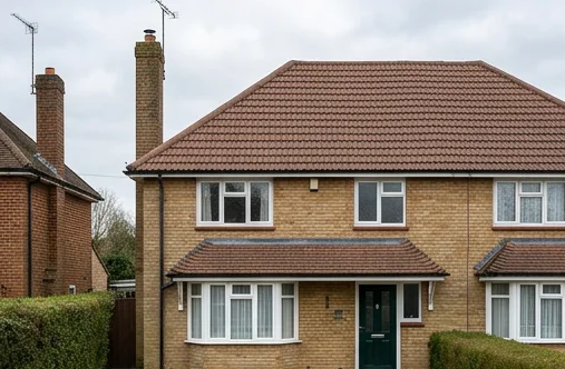 The same illustrative buff brick house after moss removal retaining the original reddish brown tile colour