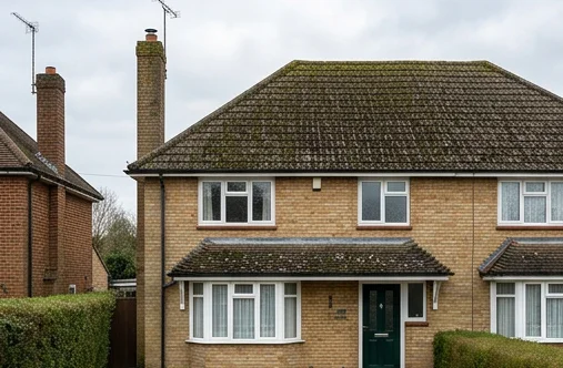 Illustrative buff brick house with a green door and moss on reddish brown concrete roof tiles