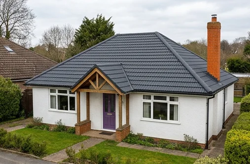 The same illustrative white bungalow with a refreshed matt charcoal roof-colour finish