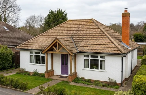 Different illustrative white bungalow with a timber porch, purple door and faded tan mineral roof tiles