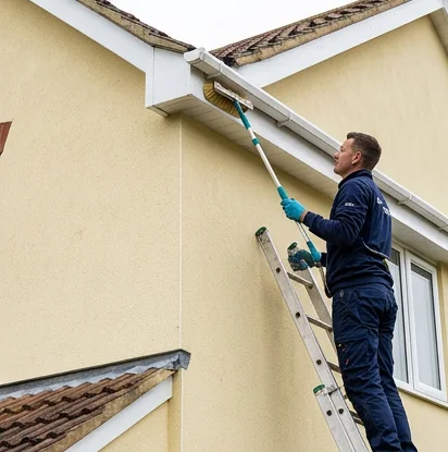Illustrative brush washing white fascia on a different pale yellow rendered house