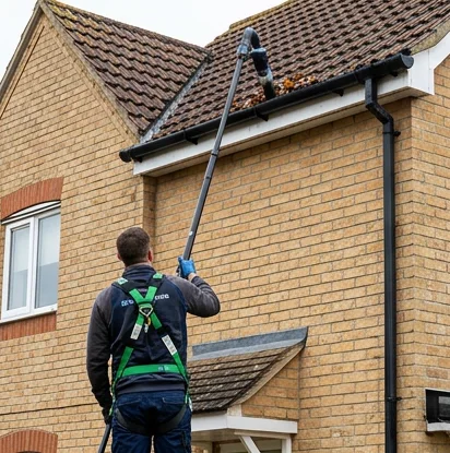 Illustrative gutter vacuum removing leaves from a separate buff brick house