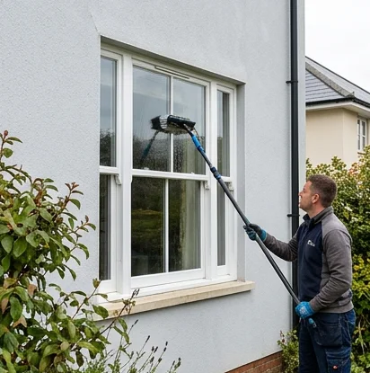 Illustrative water-fed brush cleaning a white sash window on a pale grey rendered house