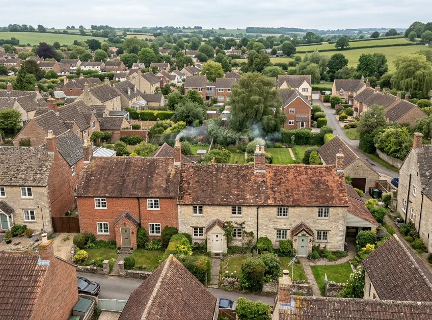 Illustrative Wiltshire-inspired residential rooflines with brick and stone cottages, chimneys and mature gardens