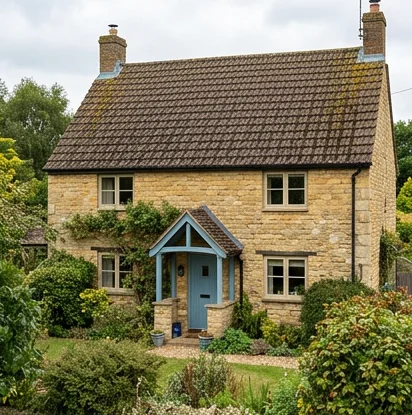 Illustrative stone cottage with a blue porch and moss on brown concrete roof tiles