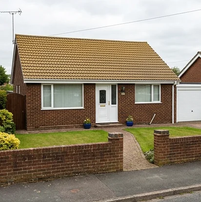 Different illustrative red brick bungalow with faded ochre mineral tiles and a white door