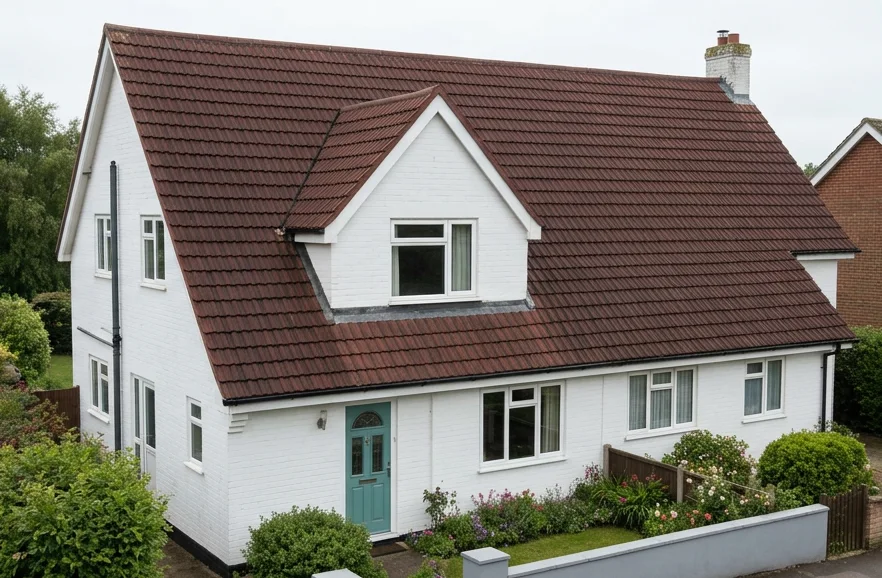 The same illustrative white house with moss removed and existing reddish brown tiles retained