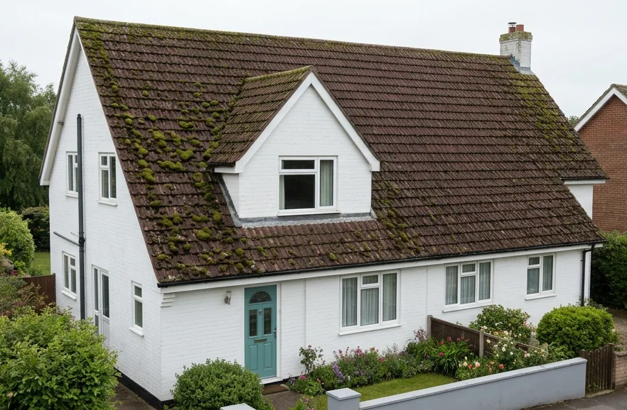 Illustrative white house with moss on a reddish brown gabled tile roof