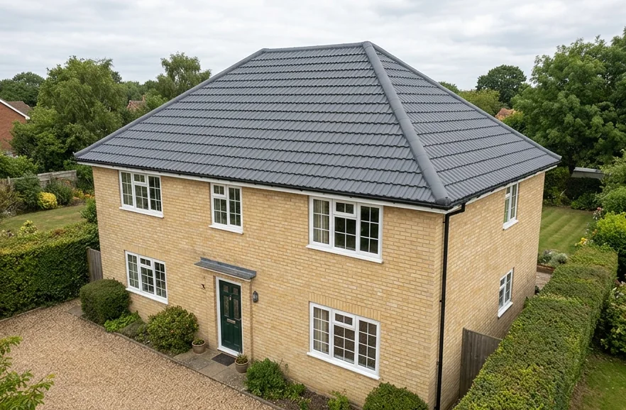 The same illustrative yellow brick house with a charcoal grey finish on its concrete tiles