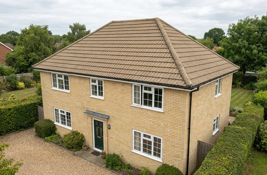 Illustrative yellow brick house with faded tan concrete roof tiles