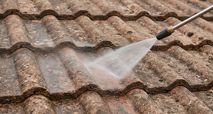 Low-pressure treatment applied to reddish brown concrete roof tiles
