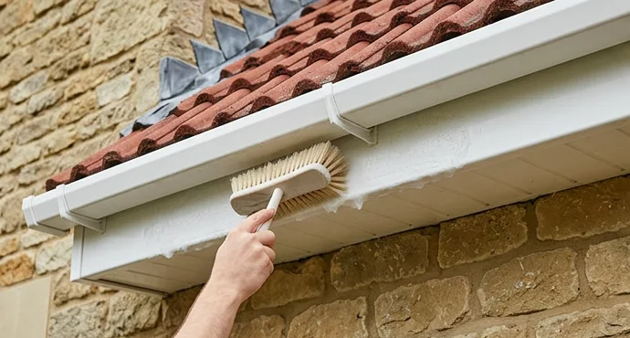 Soft brush washing white fascia and soffit beneath red roof tiles
