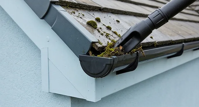 Vacuum nozzle clearing moss from grey guttering at pale blue eaves