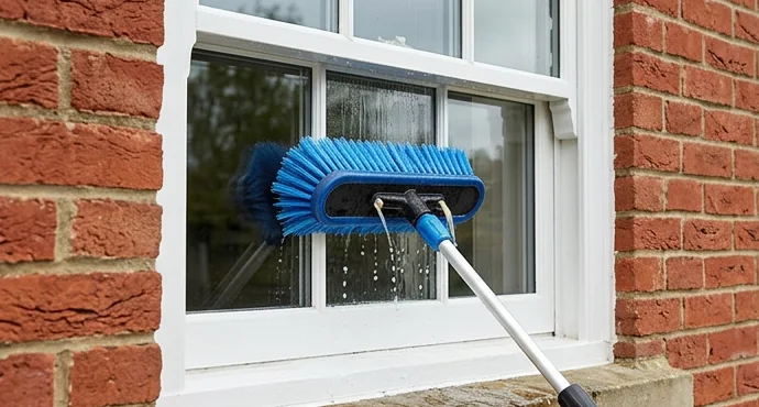 Water-fed brush washing a white sash window on a red brick wall
