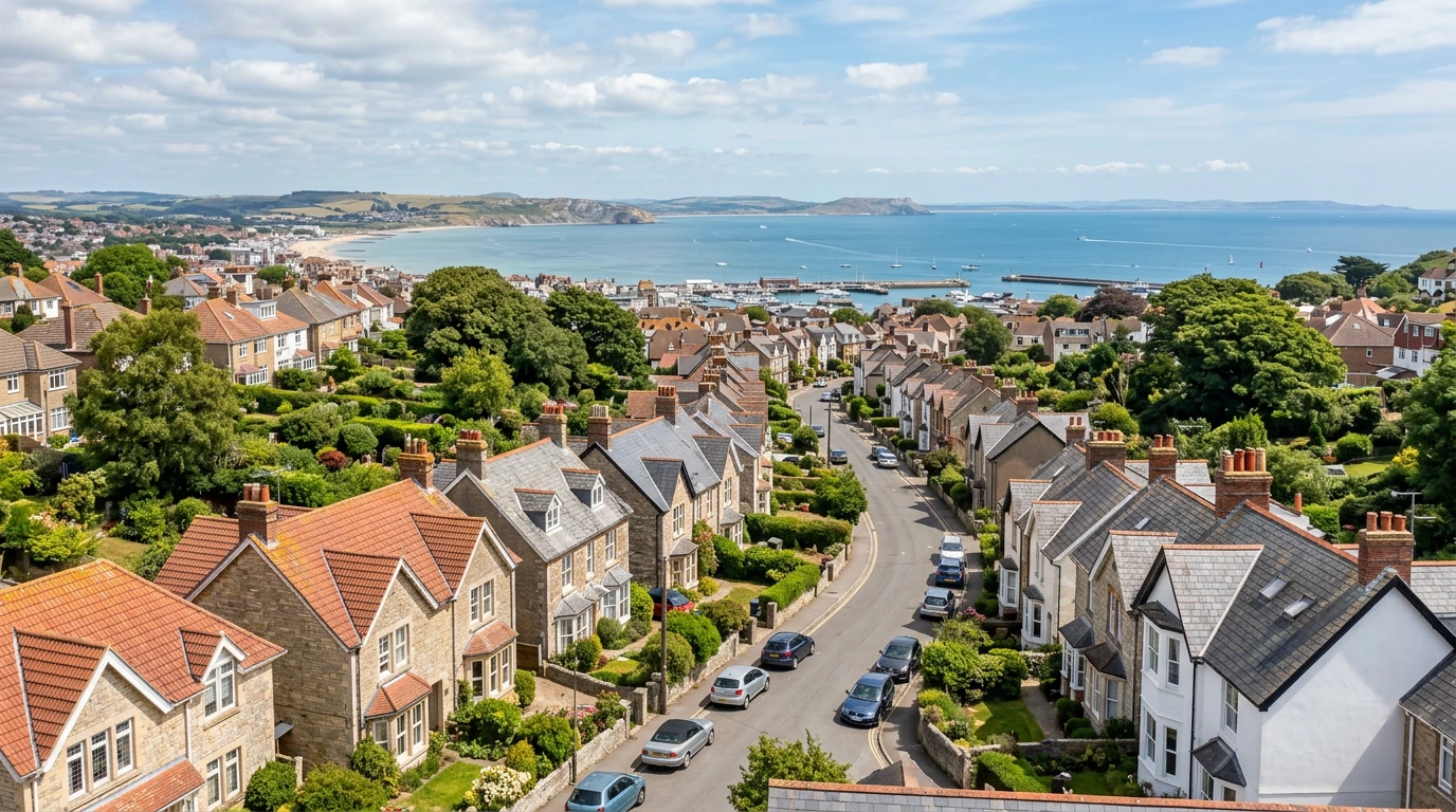 Illustrative Weymouth-inspired residential rooflines near a coastal bay