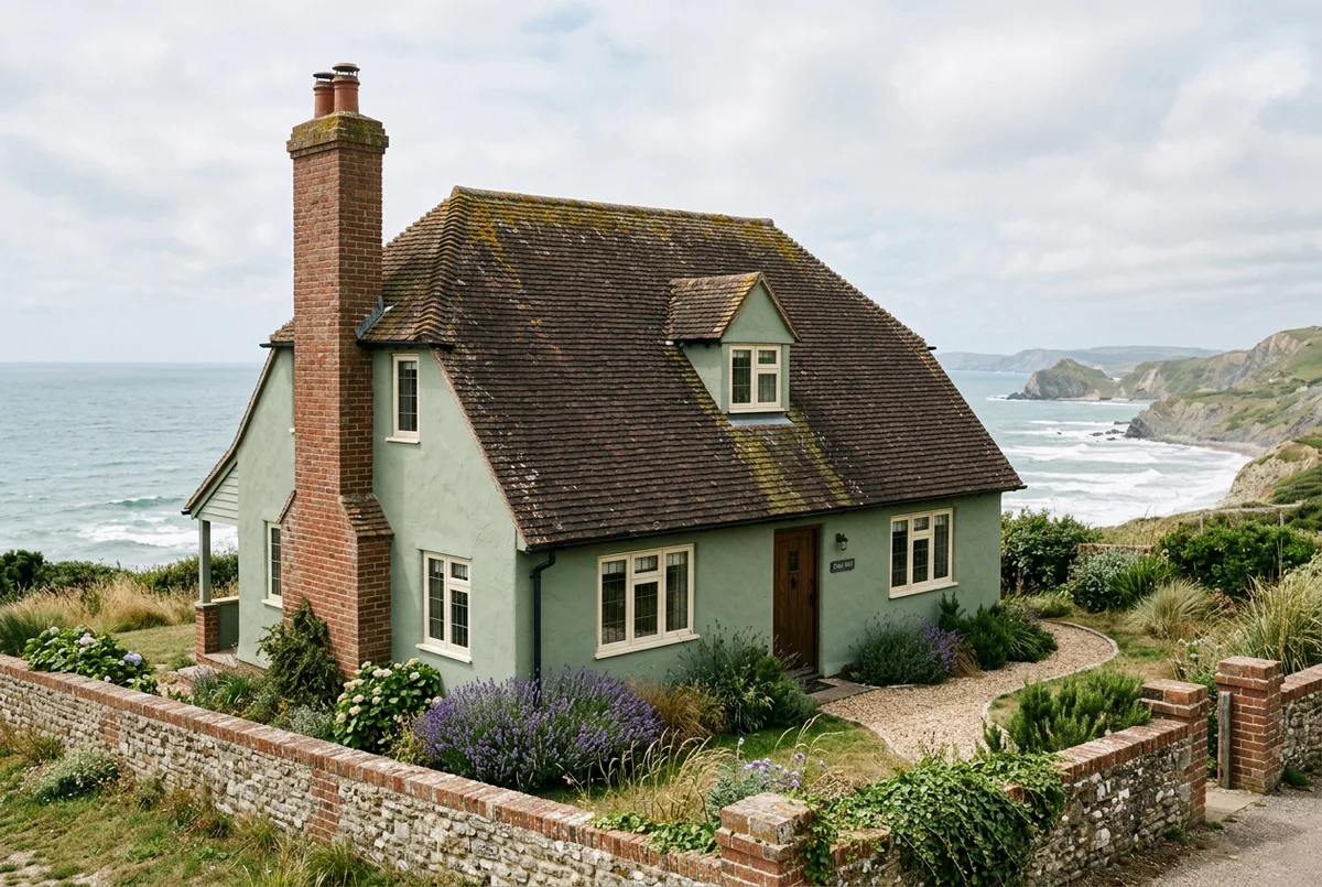 Illustrative sage-rendered home with moss on its weathered clay tiled roof