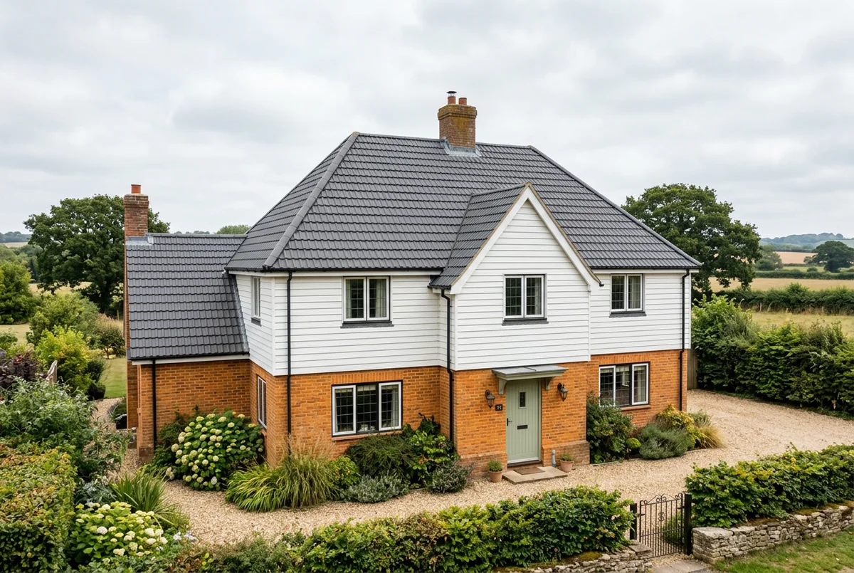 Illustrative brick and white-clad home with a charcoal concrete tile roof