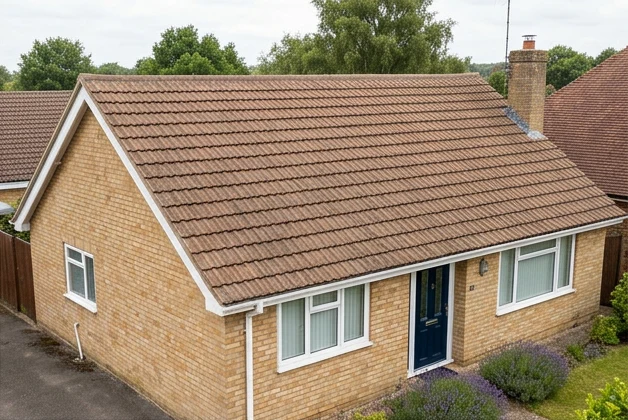 Illustrative pale brick bungalow with moss removed from natural brown tiles