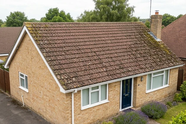 Same illustrative pale brick bungalow with moss and dirt on brown roof tiles