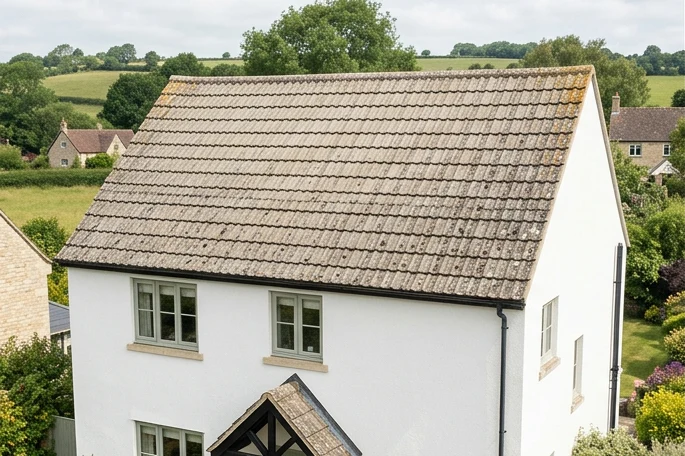 Same illustrative white house with faded grey-brown roof tiles before coating