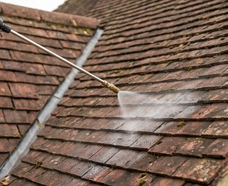 Illustrative treatment spray on mineral roof tiles