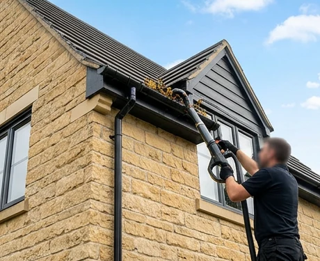 Illustrative gutter vacuum removing debris from a residential gutter