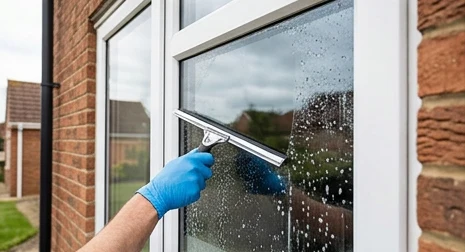 Illustrative exterior window cleaning with a squeegee