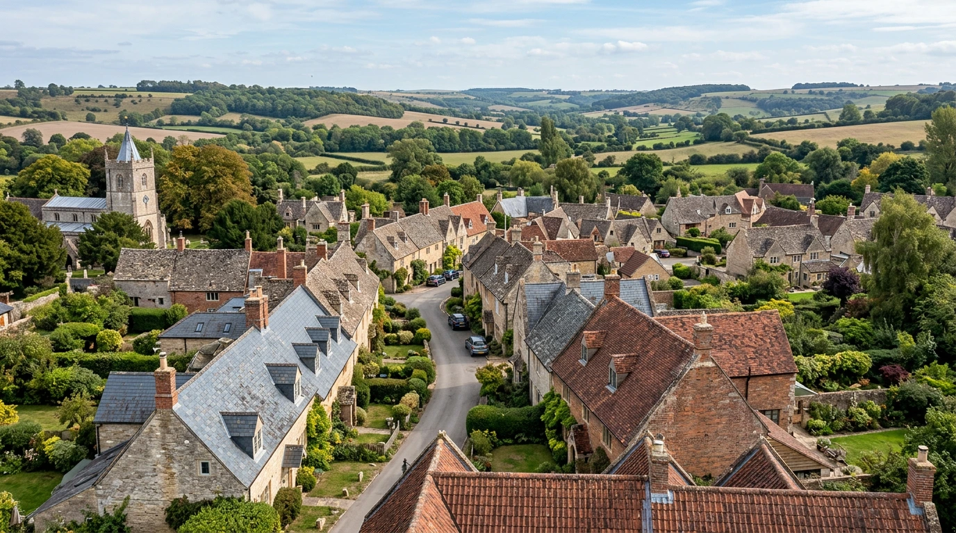 Illustrative Wiltshire-inspired residential rooflines among countryside and established gardens