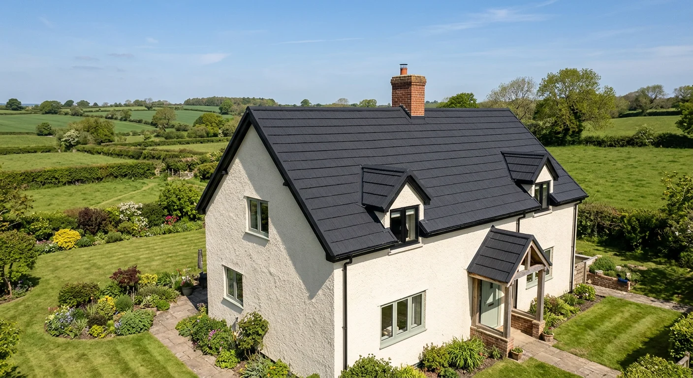 Different illustrative cream home with dormer windows and an anthracite tiled roof