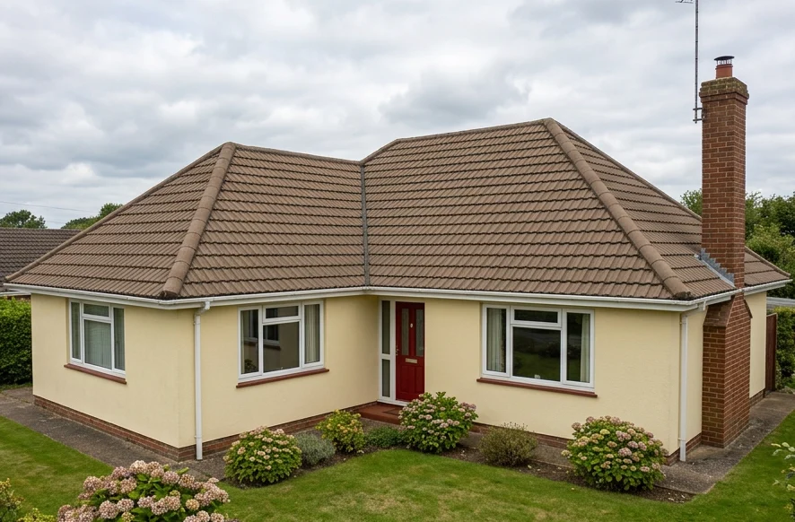 The same illustrative bungalow after moss removal, retaining its brown tile colour