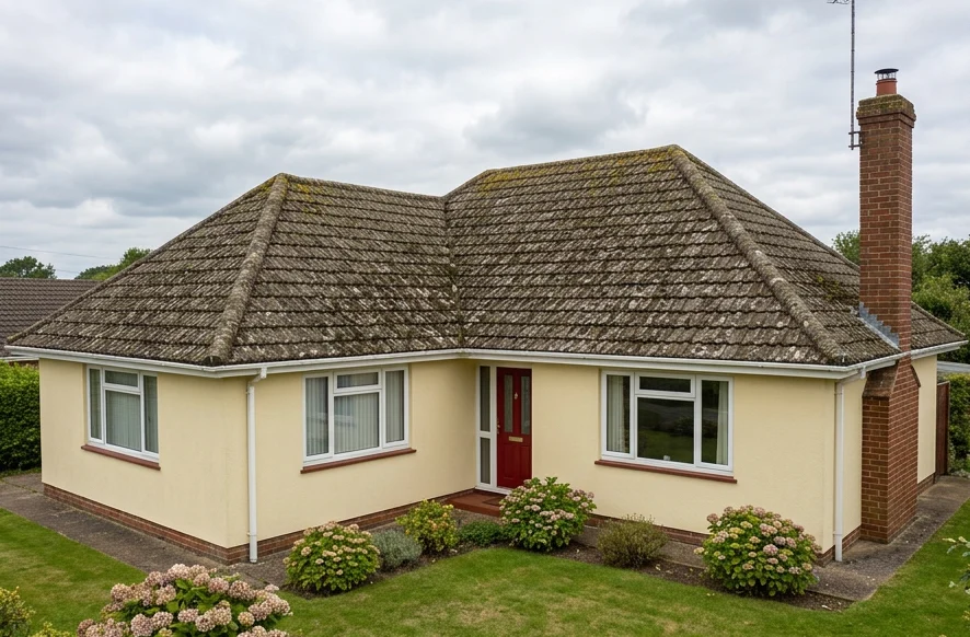 Illustrative yellow bungalow with moss on brown concrete tiles