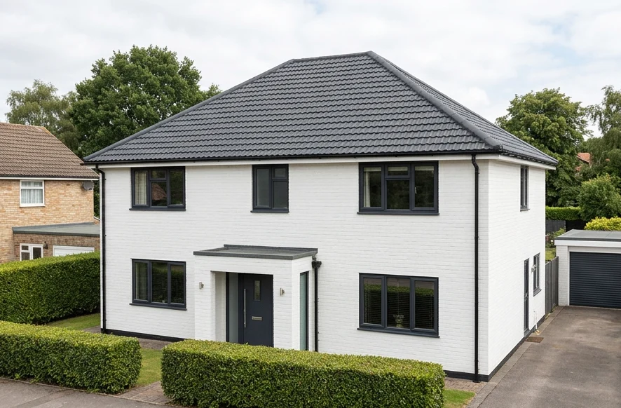 The same illustrative house with a charcoal coloured finish on its concrete tiles