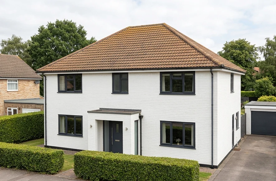 Illustrative white brick house with faded brown concrete roof tiles
