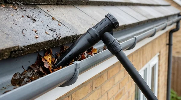 Vacuum nozzle removing leaves from a sound grey gutter
