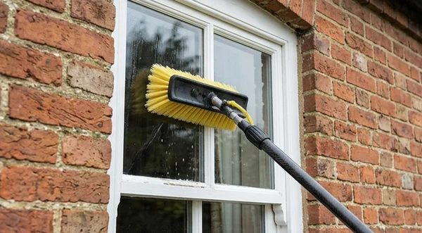 Water-fed brush cleaning a white sash window