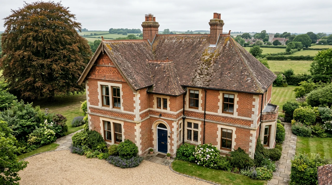 Illustrative red brick and stone Dorset home with a broad clay tiled roof and mature garden