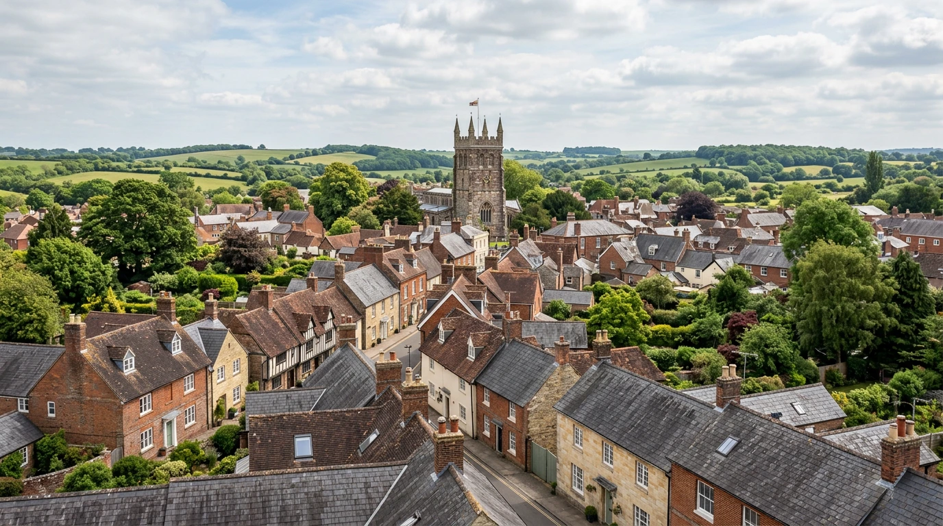 Illustrative Wimborne-inspired market-town rooflines and residential gardens