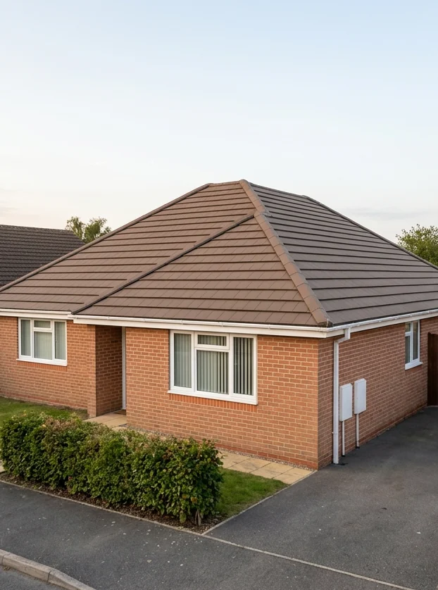 Illustrative brick bungalow with suitable concrete mineral roof tiles
