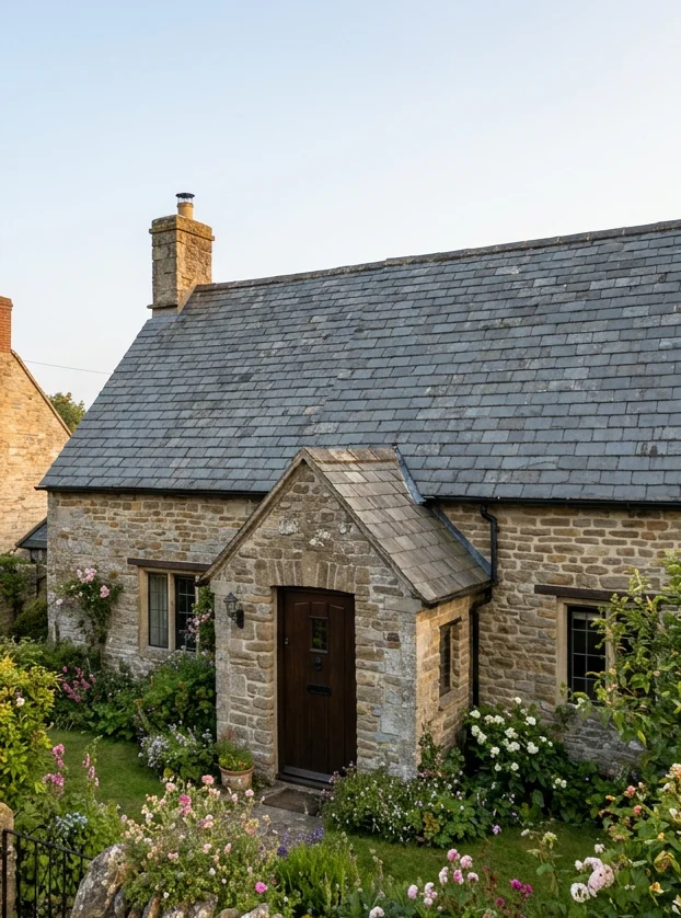 Illustrative old stone cottage with traditional natural slate roofing