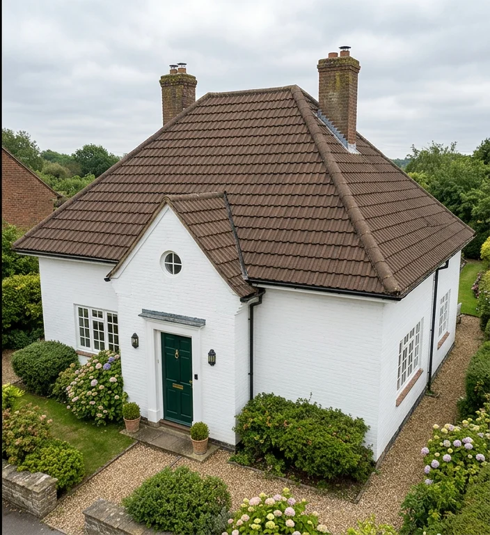 The same illustrative white brick home with moss removed and its existing brown tile colour retained