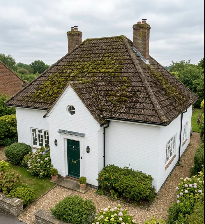Illustrative white brick house with moss and surface dirt on brown concrete roof tiles