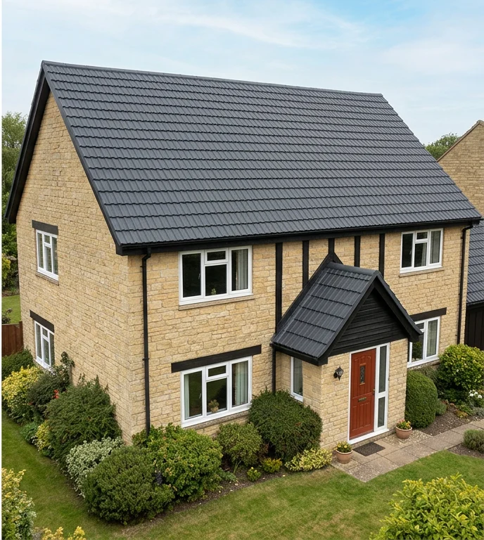 The same illustrative buff stone home with a uniform charcoal coloured roof finish