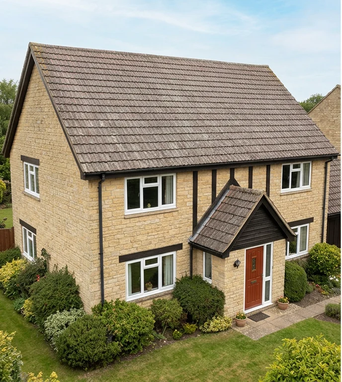Different illustrative buff stone home with faded reddish grey mineral roof tiles