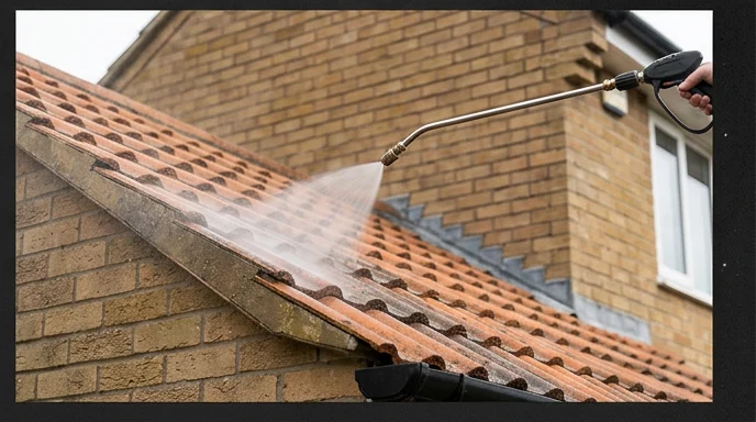 Illustrative biocide application to orange concrete roof tiles on another property