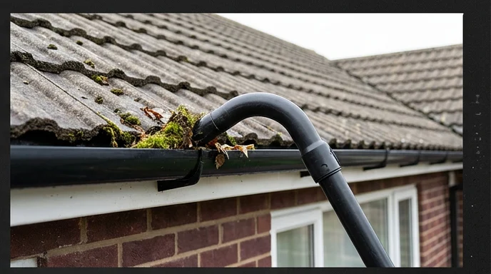 Illustrative gutter vacuum clearing black guttering on a separate brick bungalow